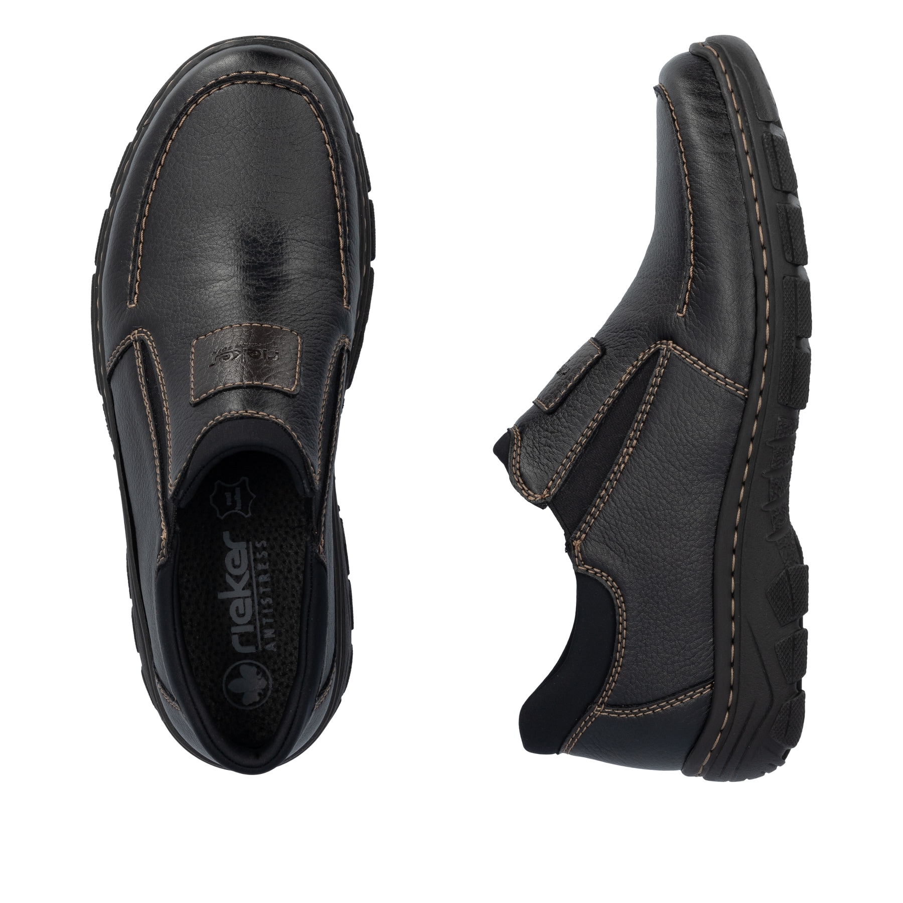 Mocassins Rieker noirs pour hommes 19961-03 avec bande élastique. Chaussure vue de dessus, couchée.