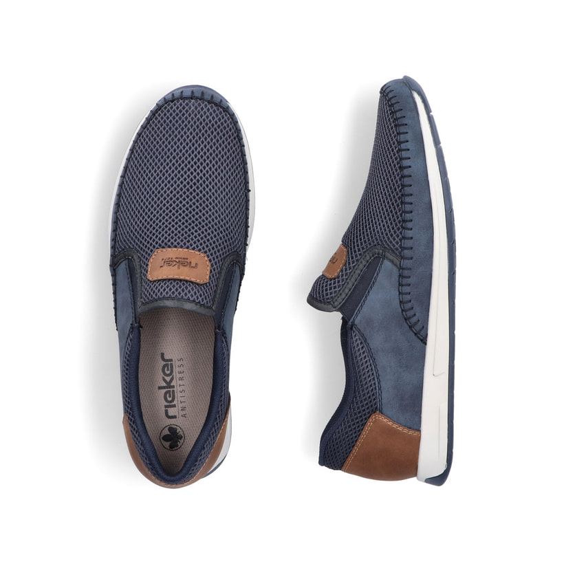 Chaussons Rieker bleus pour homme 11954-14 avec bande élastique. Chaussure vue de dessus, couchée.