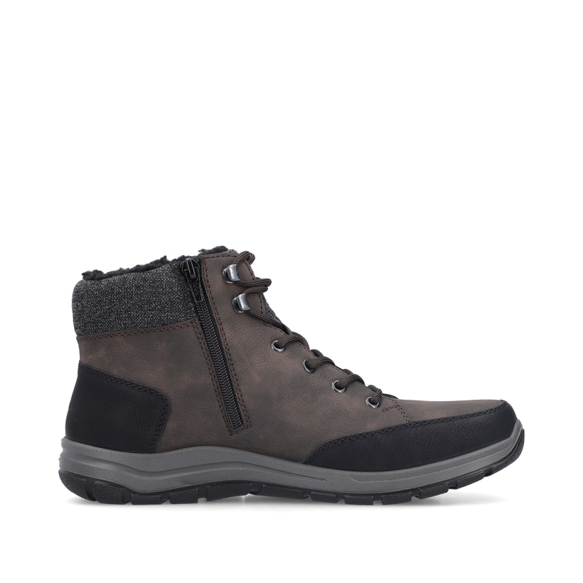 Holzbraune Rieker Herren Schnürstiefel 03640-25 mit einem Reißverschluss. Schuh von hinten.