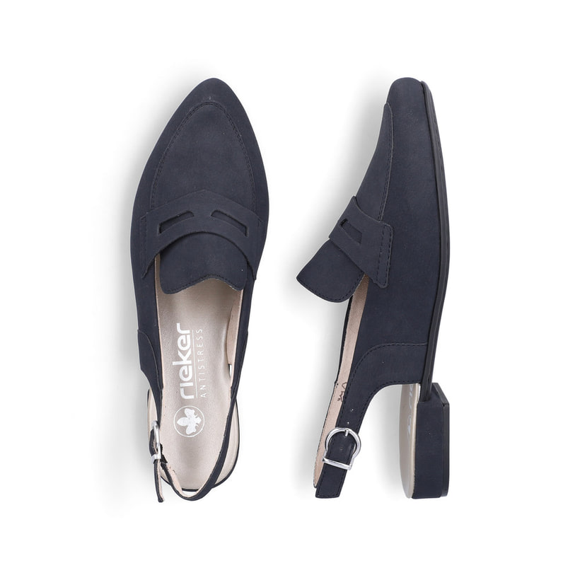 Escarpins Rieker bleus pour femme 43170-14 avec boucles. Chaussure vue de dessus, couchée.