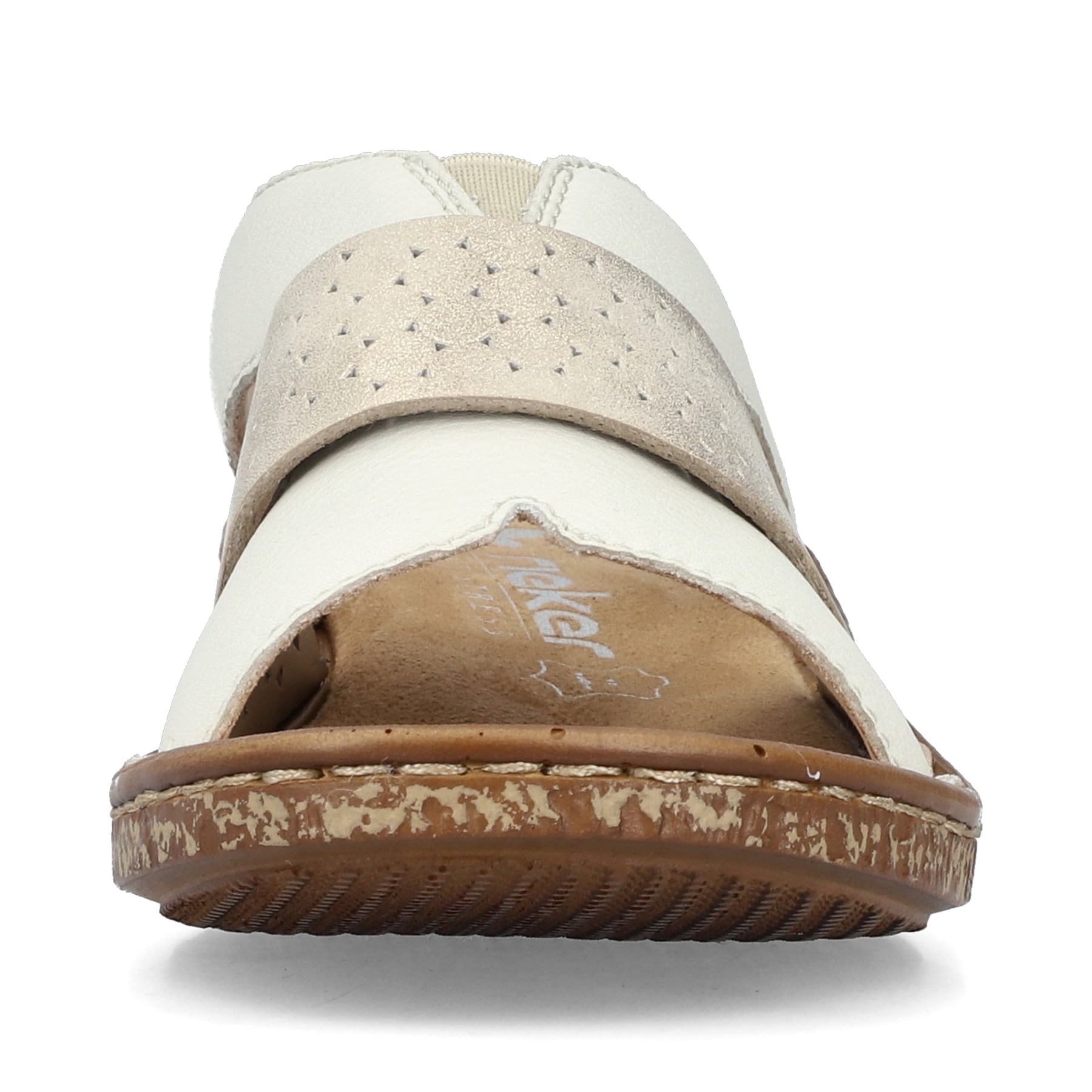 Weiße Rieker Damen Pantoletten 62897-80 in Löcheroptik. Schuh von vorne.