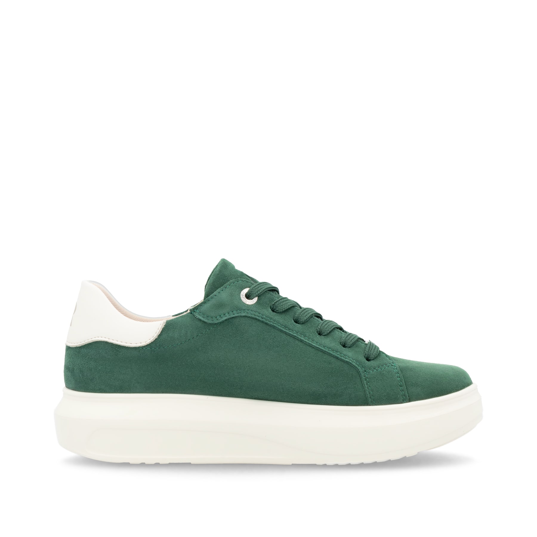 Baskets basses Rieker vertes pour femme W1204-54 avec semelle à plateau. Intérieur de la chaussure.
