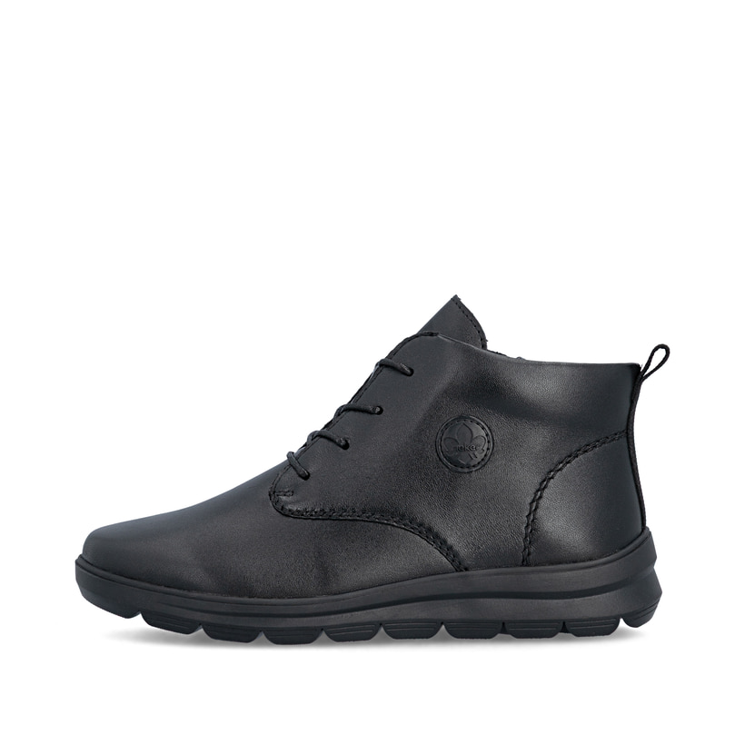 Schwarze Rieker Damen Schnürstiefel Z0022-01 aus Glattleder mit Reißverschluss. Schuh Außenseite.