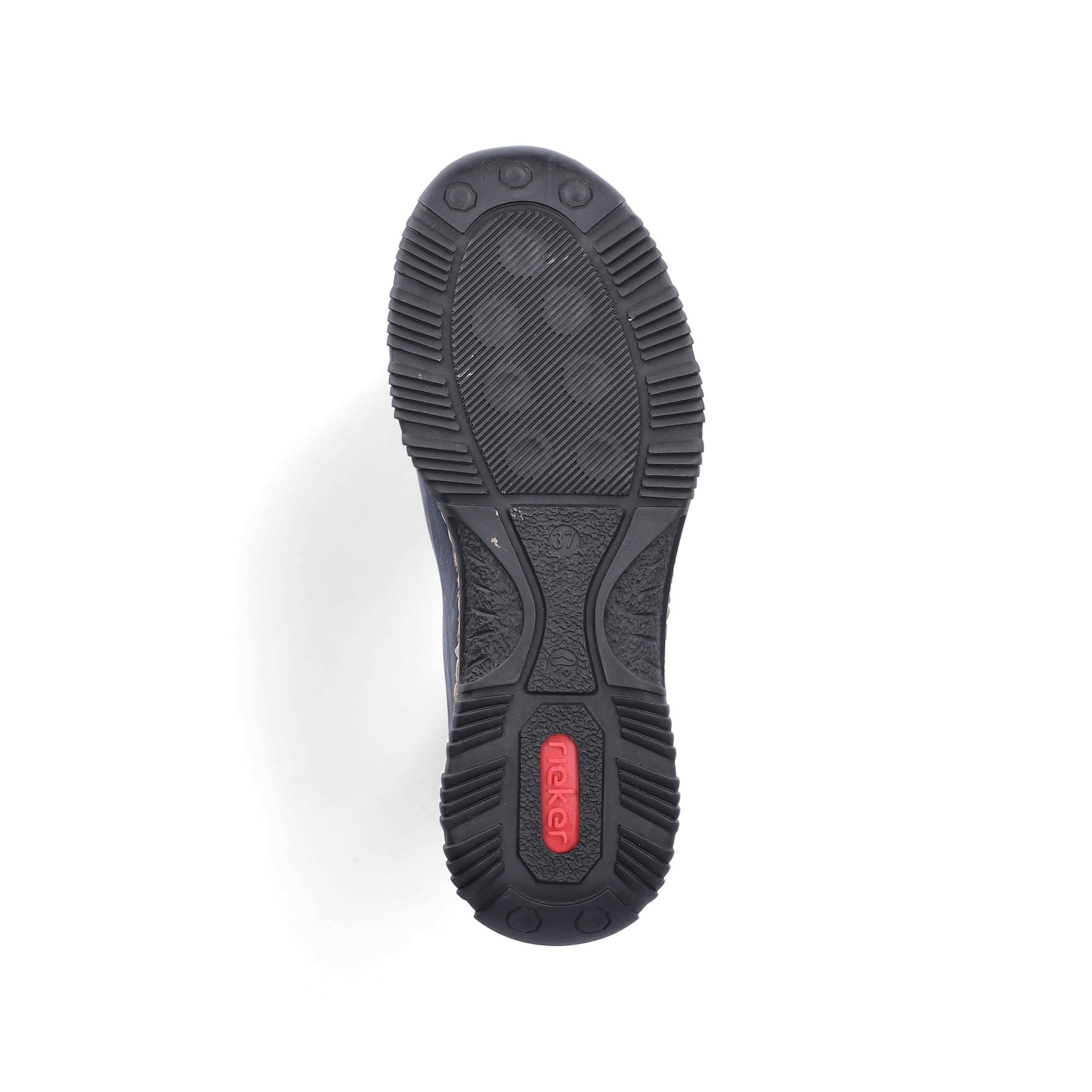 Mocassins Rieker bleus pour femme N3271-35 avec oeillets décoratifs. Semelle extérieure de la chaussure.