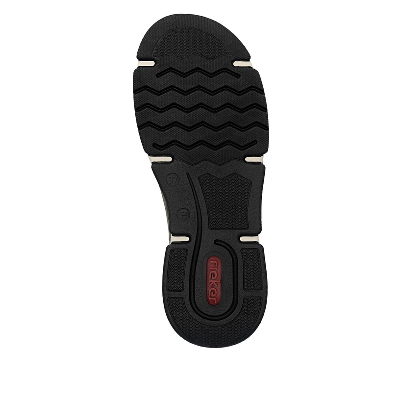 Khakigrüne Rieker Damen Slipper 45973-54 mit Elastikeinsatz sowie einer leichten Sohle. Schuh Laufsohle