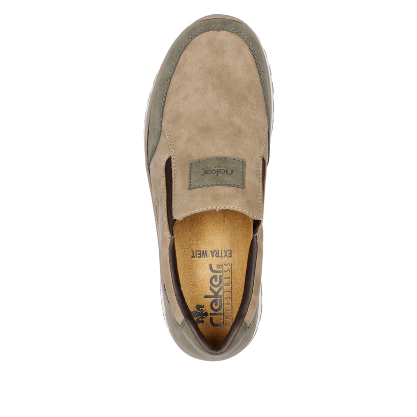 Beige Rieker Herren Slipper 03354-64 mit Elastikeinsatz sowie Extraweite H. Schuh von oben.