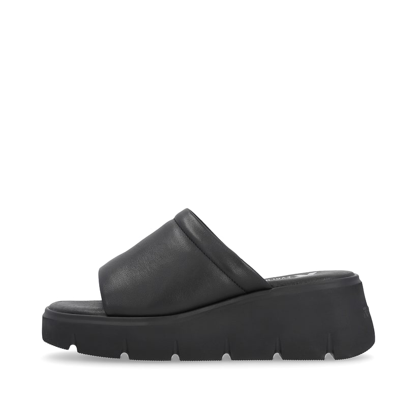 Schwarze Rieker Damen Pantoletten W1551-00 mit flexibler Sohle. Schuh Außenseite.