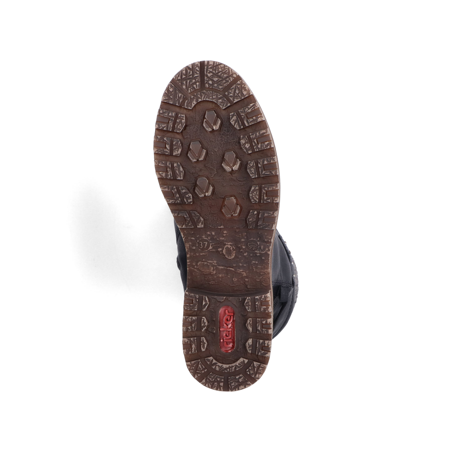 Tiefschwarze Rieker Damen Kurzstiefel Z4773-01 mit einer robusten Profilsohle. Schuh Laufsohle