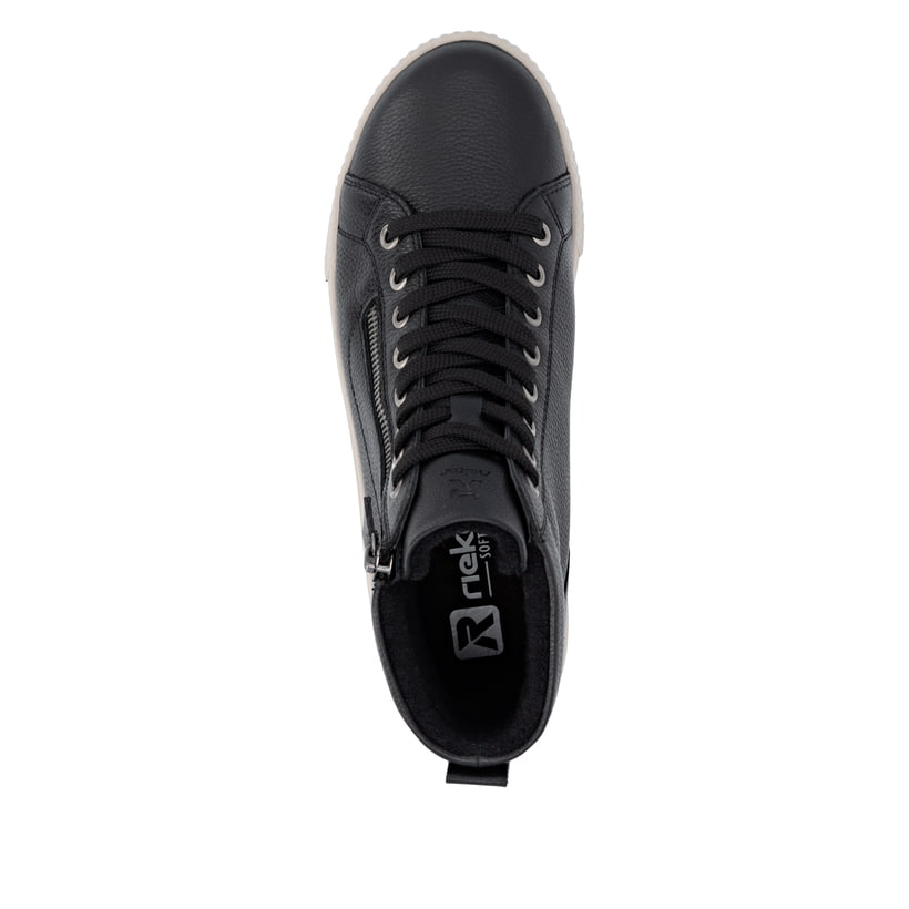 Baskets montantes Rieker noires pour femme W0164-00 en cuir lisse. Semelle extérieure de la chaussure.