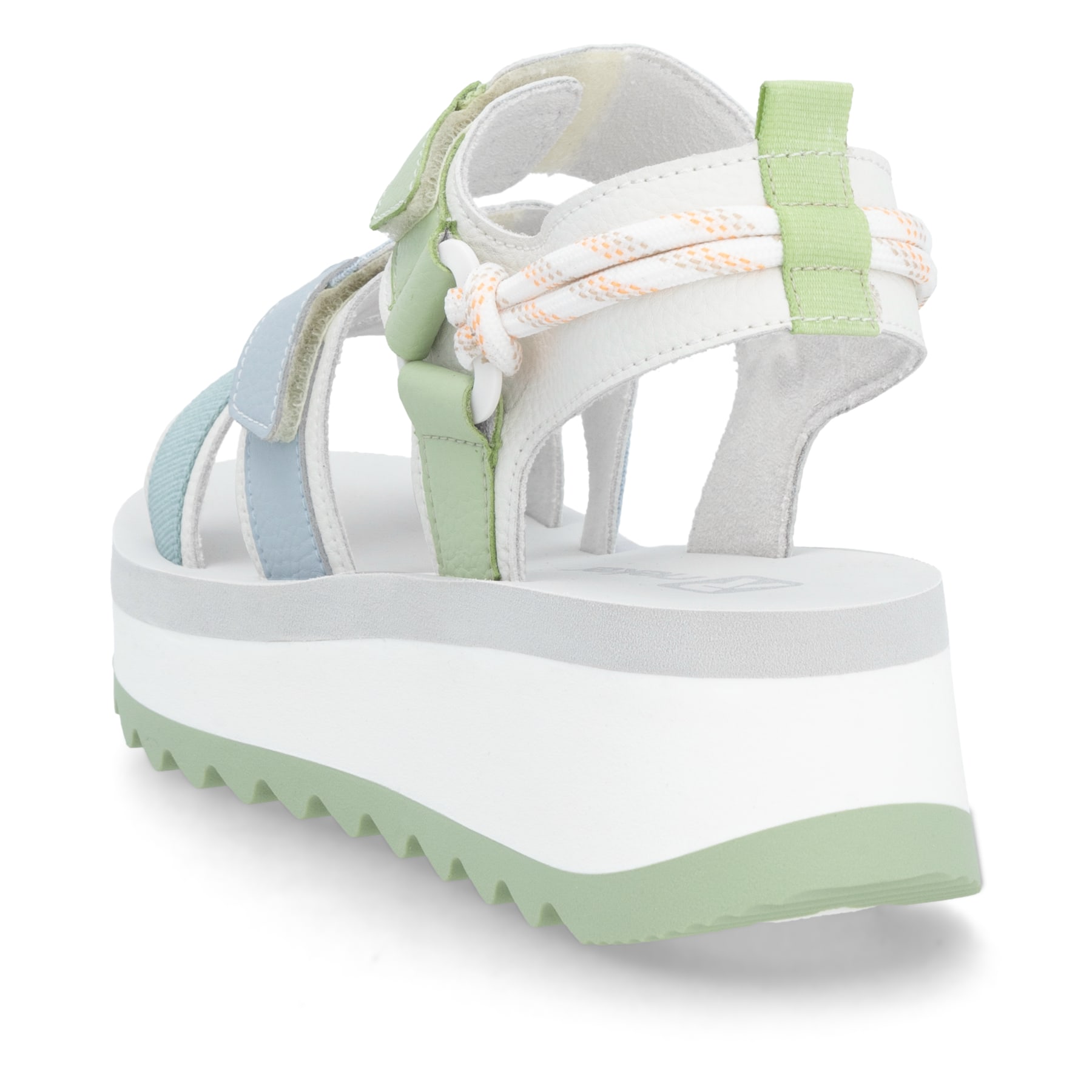 Mehrfarbige Rieker Damen Riemchensandalen W3052-91 mit einem Klettverschluss. Schuh von hinten.