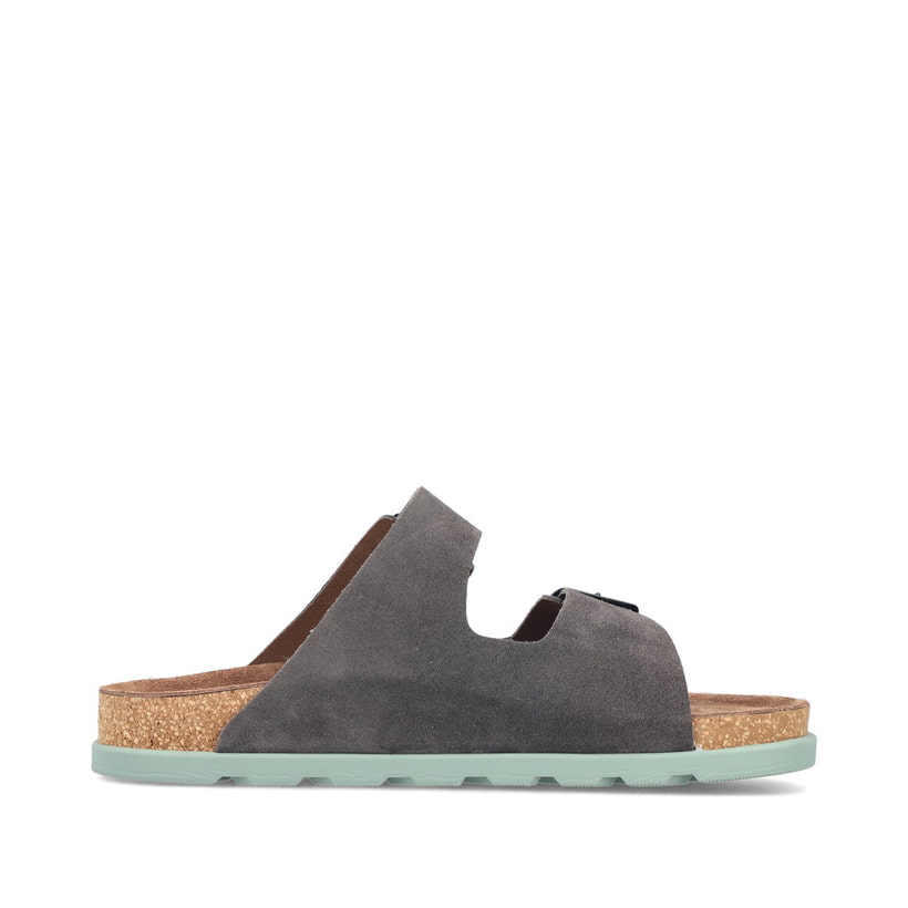 Graue Rieker Herren Pantoletten 21190-45 aus Rauleder mit farbiger Sohle. Schuh Innenseite.