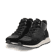 Schwarze Rieker Damen Sneaker High W0672-00 mit griffiger und leichter Sohle. Schuhpaar seitlich schräg.