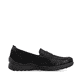 Mocassins Rieker noirs pour femmes 48968-00 avec bande élastique. Côté intérieur de la chaussure.