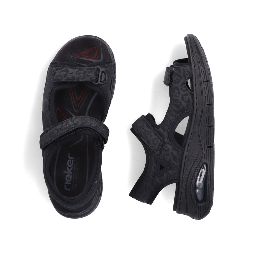 Schwarze vegane Rieker Damen Trekkingsandalen 67666-00 mit Rieker Air. Schuh von oben, liegend.