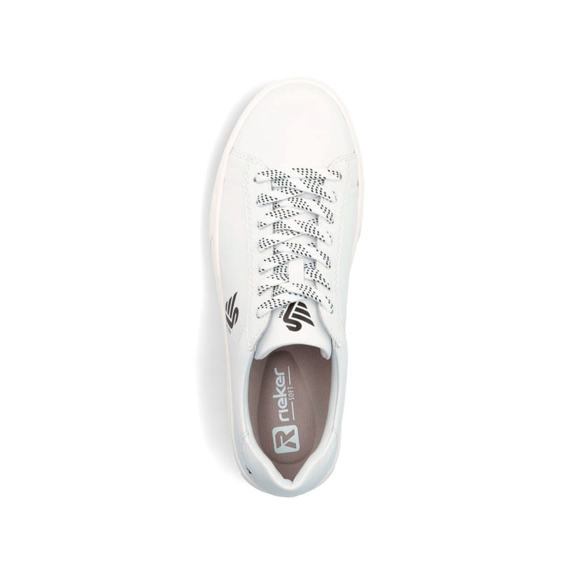 Weißer Rieker Herren Sneaker Low U0711-80 Schwenninger Wild Wings x Rieker Edition mit Eishockey-Schnürung und Wild Wings Logo. Schuh von oben.