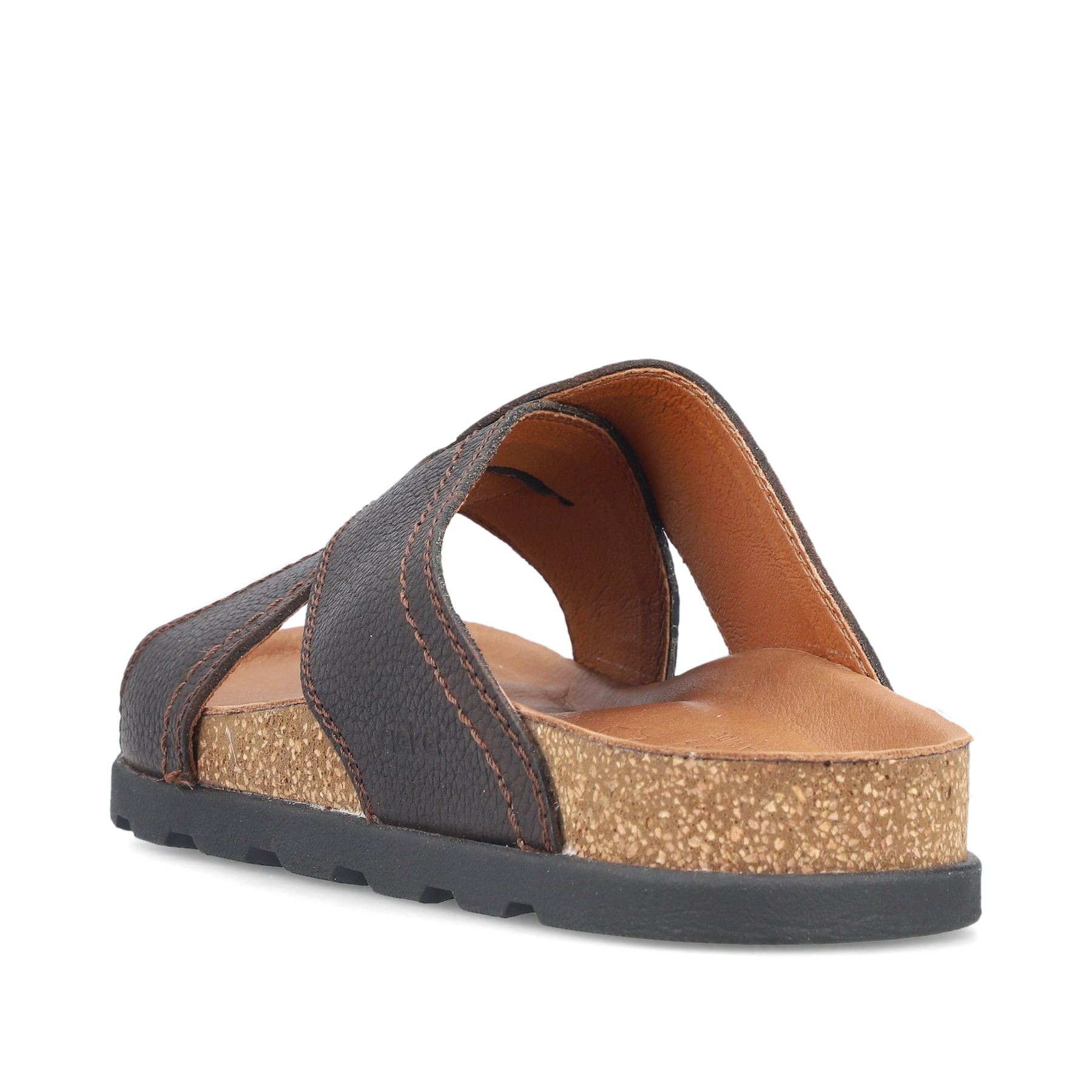 Braune Rieker Herren Pantoletten 21192-25 mit Extraweite H sowie flexibler Sohle. Schuh von hinten.