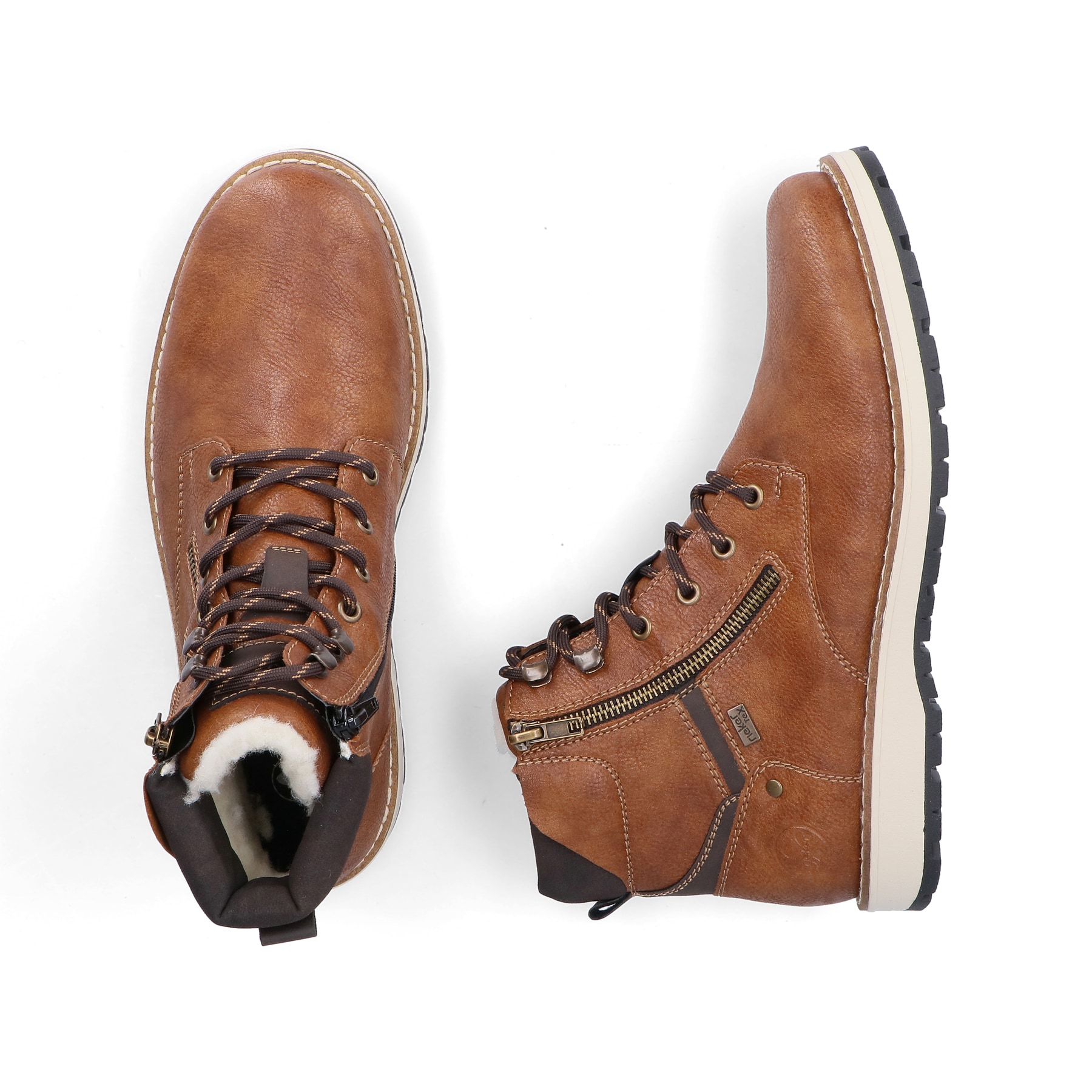 Braune Rieker Herren Schnürstiefel 38425-25 mit wasserabweisender TEX-Membran. Schuh von oben, liegend.