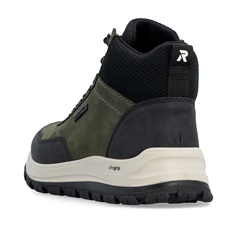 Dunkelgrün-schwarze Rieker Herren Schnürstiefel B8124-54 mit Reißverschluss. Schuh von hinten.