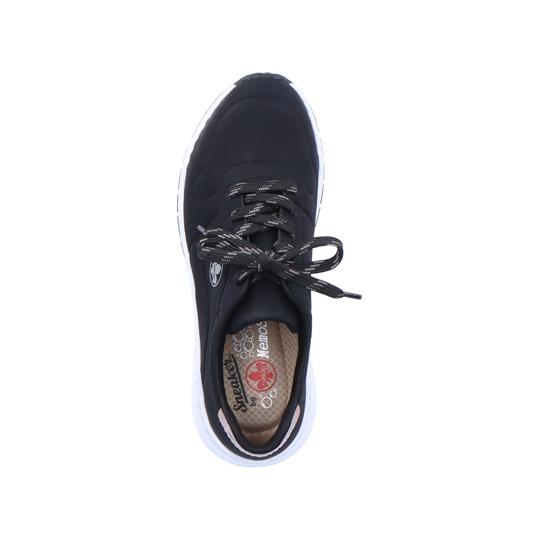 Schwarze Rieker Damen Sneaker Low M4903-01 mit Schnürung sowie der Extraweite H. Schuh von oben.