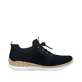 Blaue Rieker Damen Slipper N4290-14 mit einem Gummizug. Schuh Innenseite.