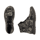 Schwarze Rieker Damen Schnürstiefel 53632-90 mit floralem Aufdruck. Schuh von oben, liegend.