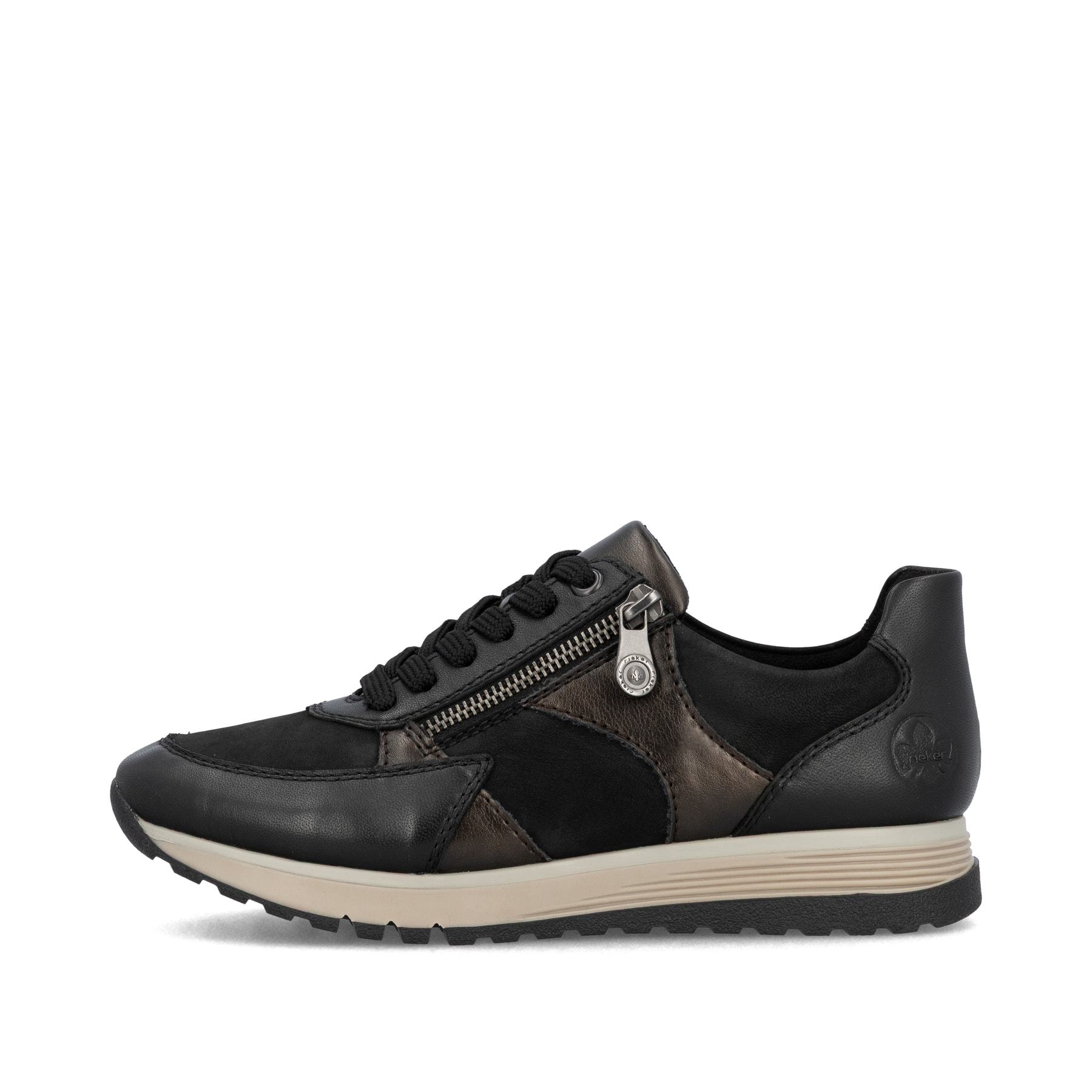 Baskets basses Rieker noires pour femme 49010-00 en cuir lisse. Côté extérieur de la chaussure.