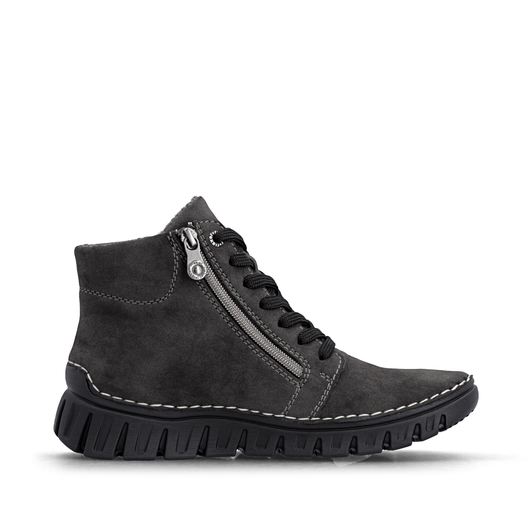 Dunkelgraue Rieker Damen Schnürstiefel 57502-45 mit einem Reißverschluss. Schuh Innenseite.