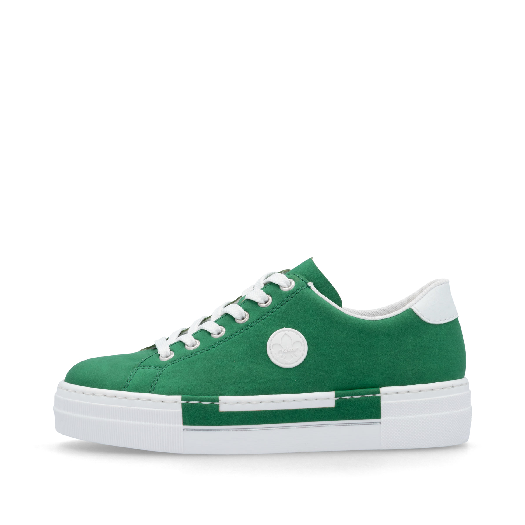 Grüne Rieker Damen Sneaker Low N49W1-52 mit einer Schnürung. Schuh Außenseite.