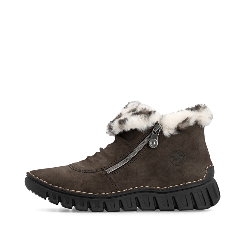 Dunkelbraune Rieker Damen Kurzstiefel 57551-25 mit weichem Kragen. Schuh Außenseite.