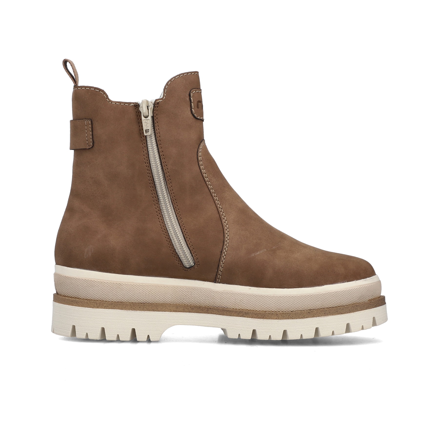 Hellbraune Rieker Damen Chelsea Boots Y6260-24 mit einem Reißverschluss. Schuh von hinten.