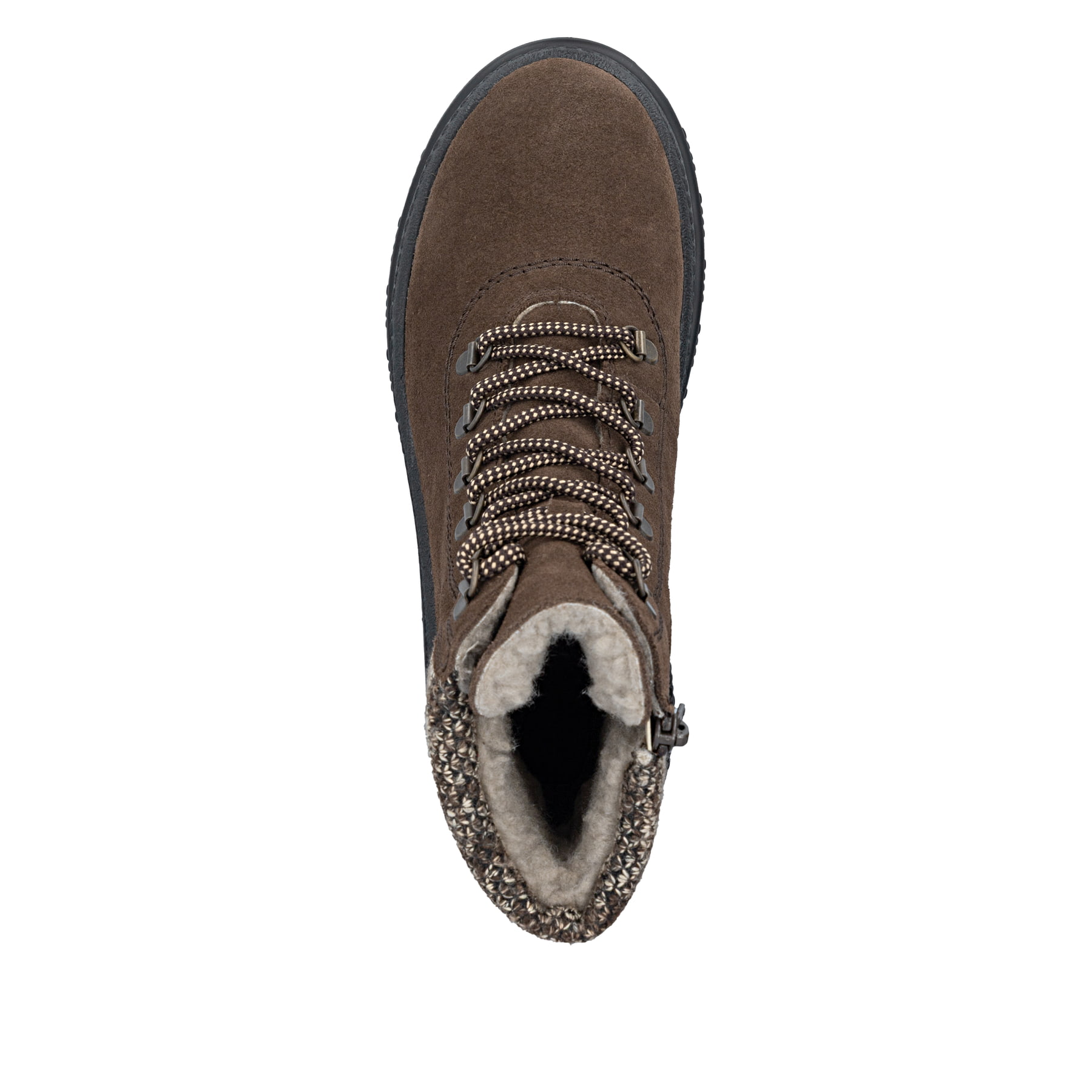 Dunkelbraune Rieker Damen Schnürstiefel X8233-25 aus Rauleder. Schuh von oben.