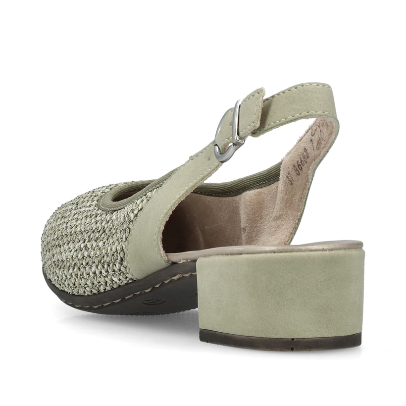 Grüne Rieker Slingpumps 47060-52 mit Schnalle sowie schockabsorbierender Sohle. Schuh von hinten.