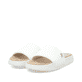 Weiße Rieker Damen Pantoletten W3250-80 mit flexibler und ultraleichter Sohle. Schuhpaar seitlich schräg.