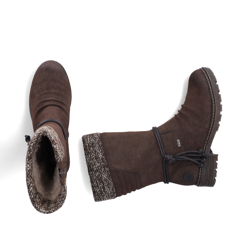Dunkelbraune Rieker Damen Hochschaftstiefel Z4755-25 mit Strick-Kragen. Schuh von oben, liegend.