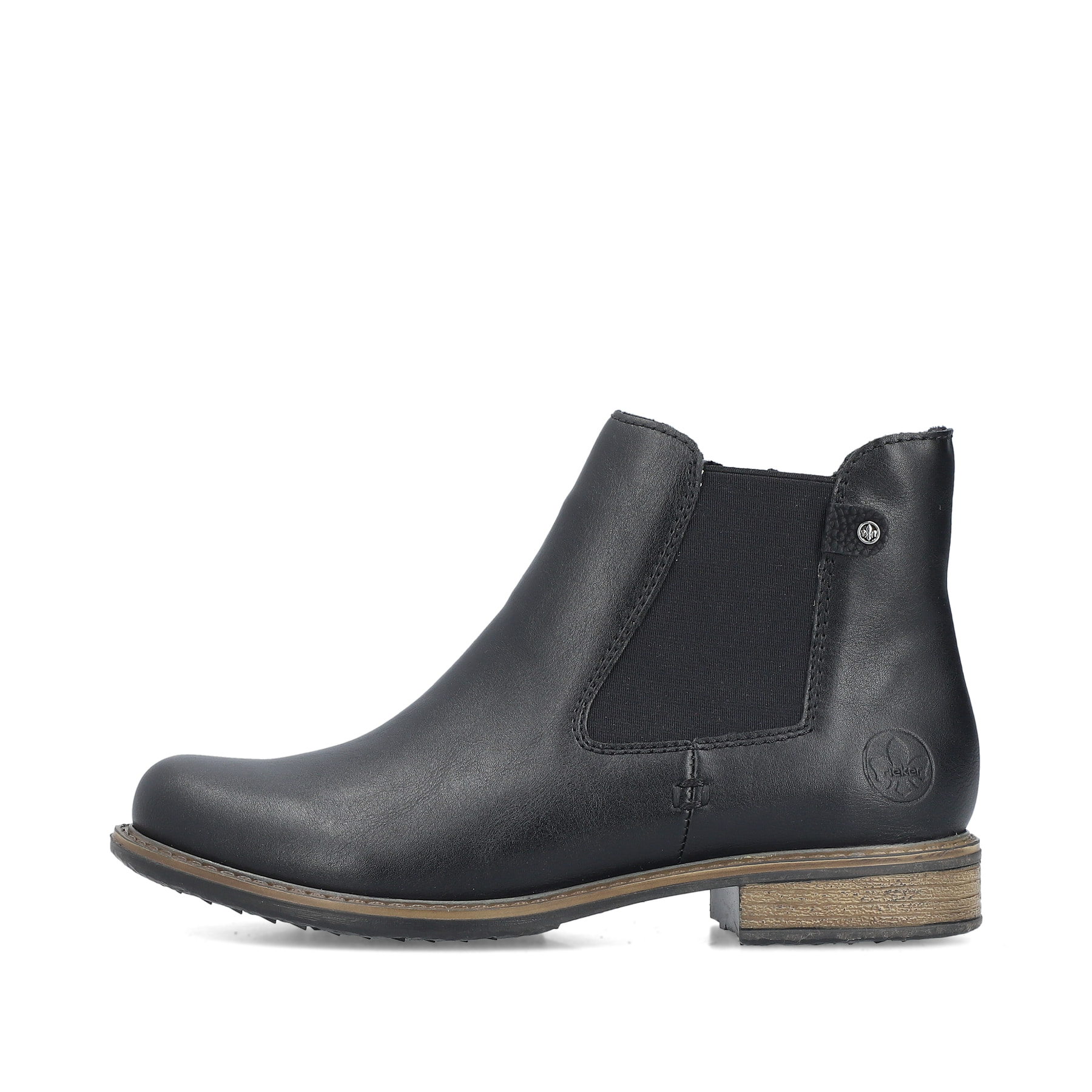 Schwarze Rieker Damen Chelsea Boots 74854-00 mit einem Reißverschluss. Schuh Außenseite.
