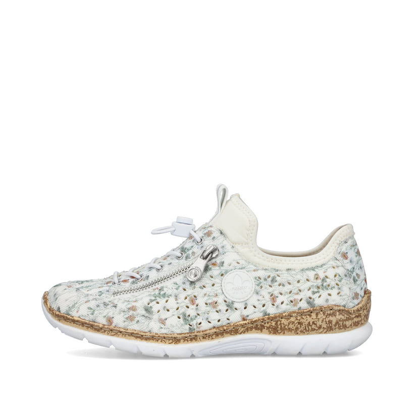 
Mehrfarbige Rieker Damen Slipper N4280-90 mit Gummizug sowie einer leichten Sohle. Schuh Außenseite