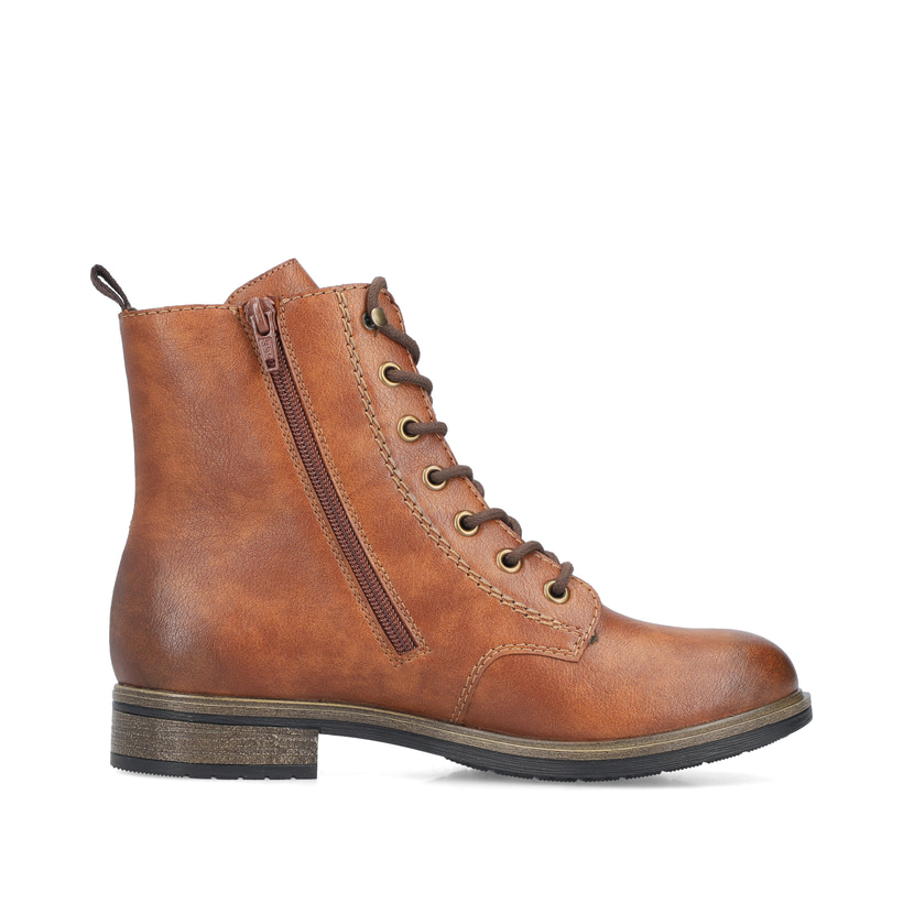 Hellbraune Rieker Damen Schnürstiefel 72220-24 mit einem Reißverschluss. Schuh Innenseite.