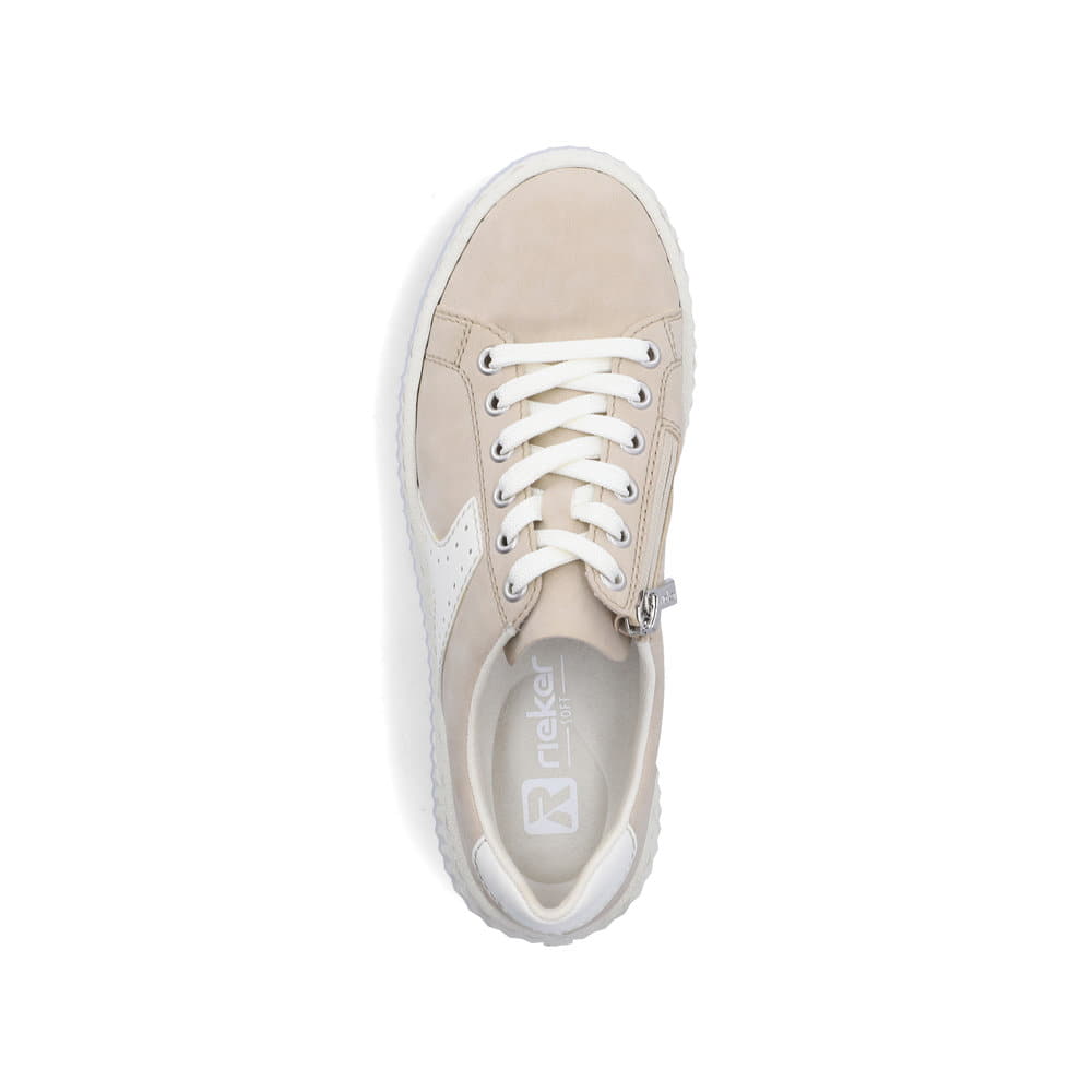 Beige Rieker Damen Sneaker Low N9920-62 mit einem Reißverschluss. Schuh von oben.