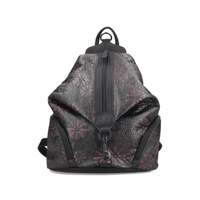 Rieker Rucksack H1055-95 in Schwarz mit schlichter Blumenoptik, Reißverschluss, Handyfach und praktischem Karabiner. Vorderseite.