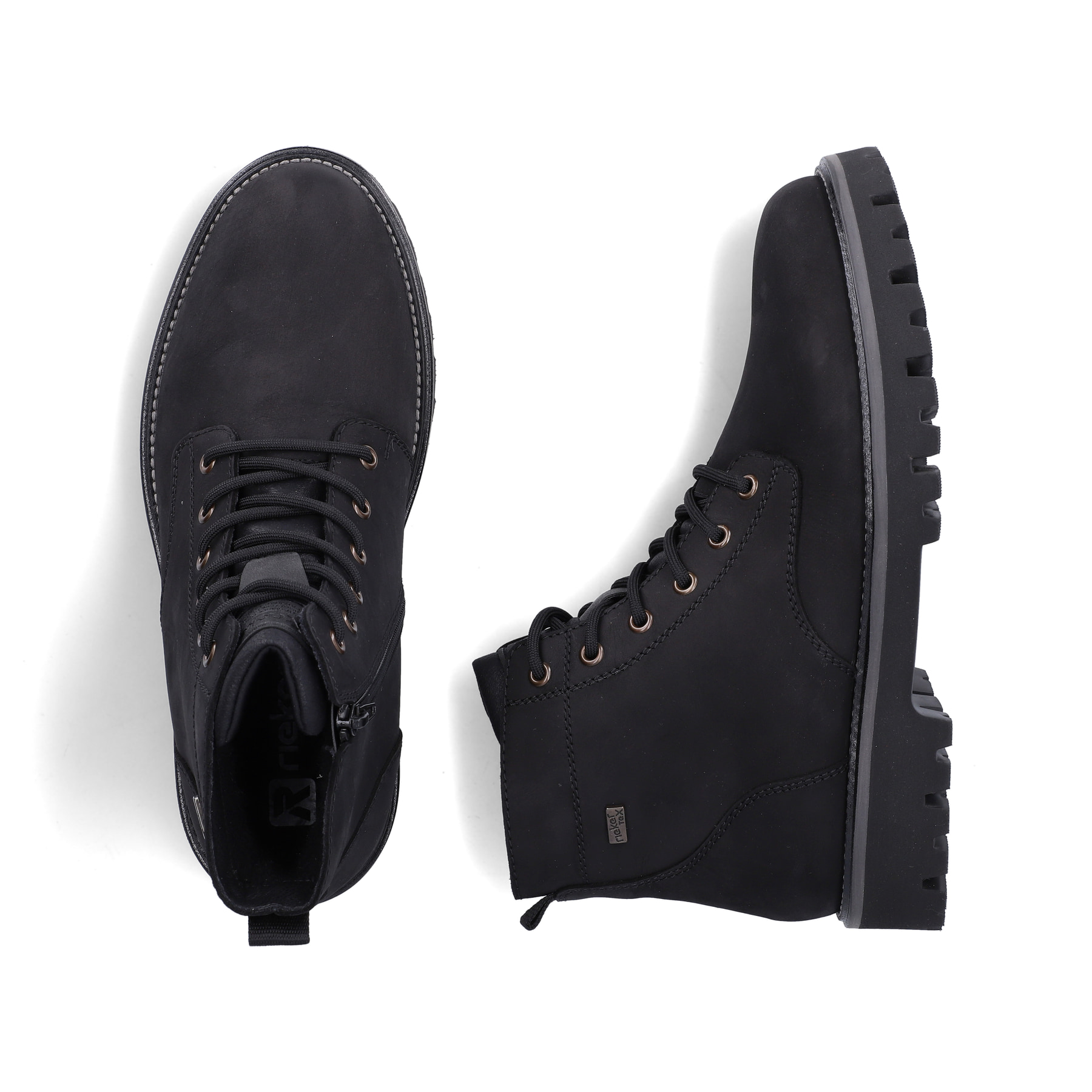 Schwarze Rieker Herren Schnürstiefel 30424-00 aus Rauleder. Schuh von oben, liegend.