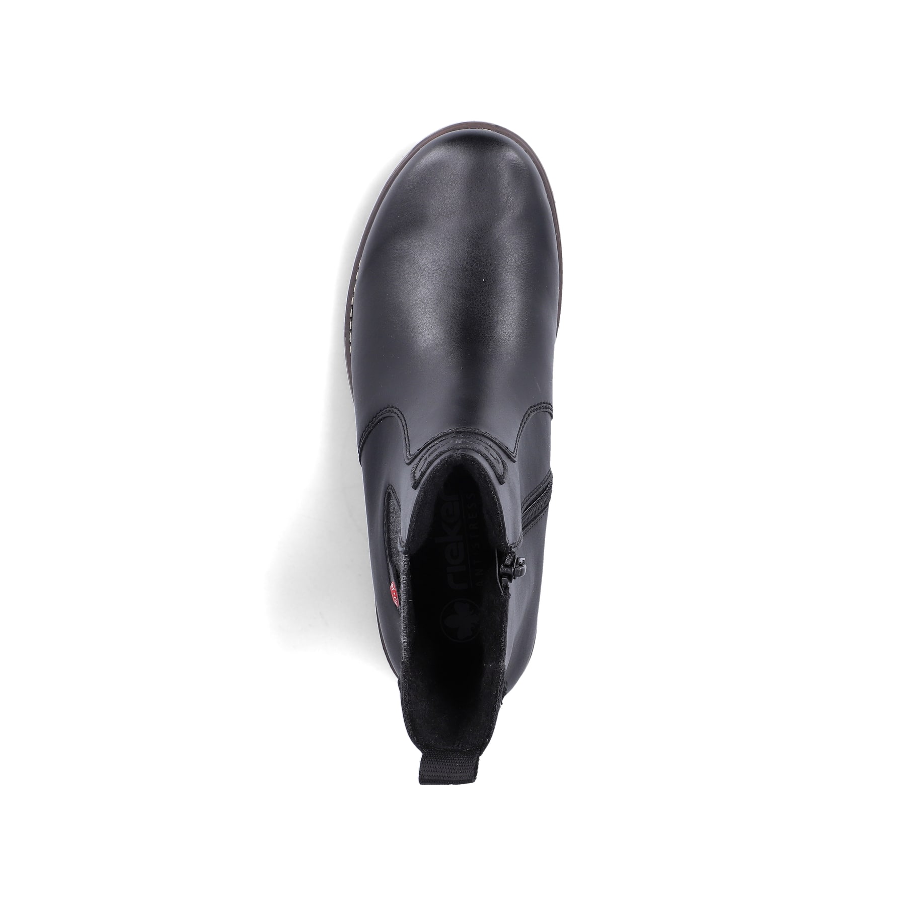 Schwarze Rieker Damen Chelsea Boots 79561-00 mit einem Reißverschluss. Schuh von oben.