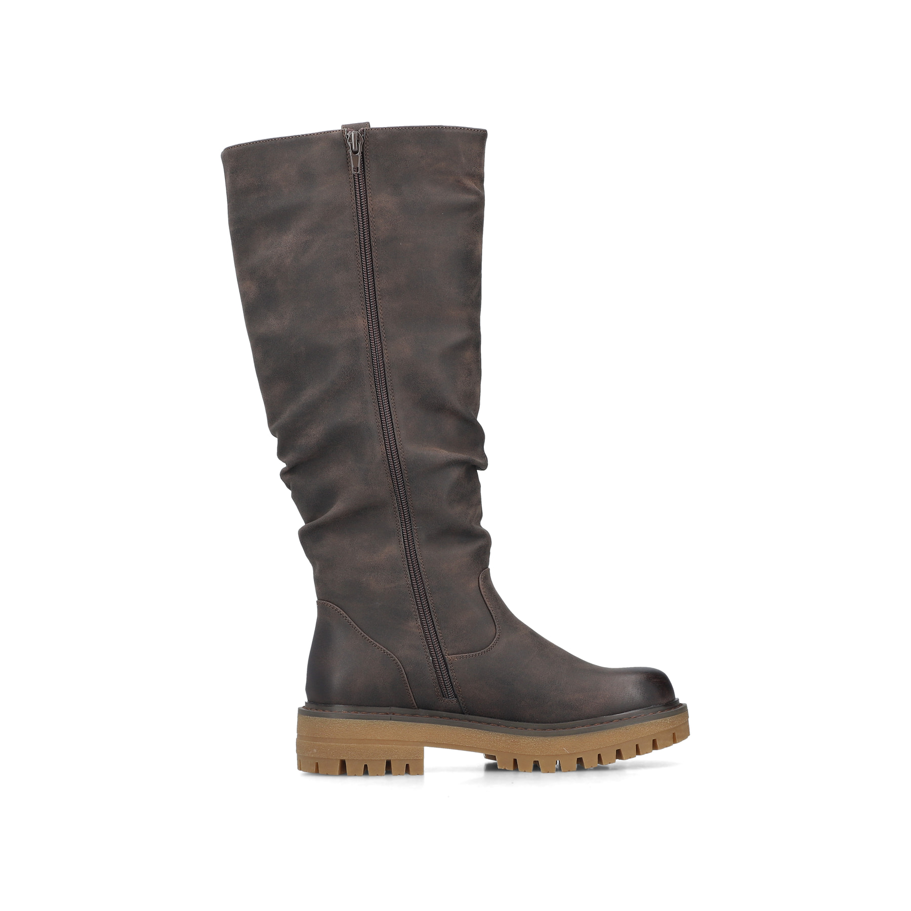 Dunkelbraune Rieker Damen Hochschaftstiefel 92990-25 mit gerafftem Schaft. Schuh Innenseite.