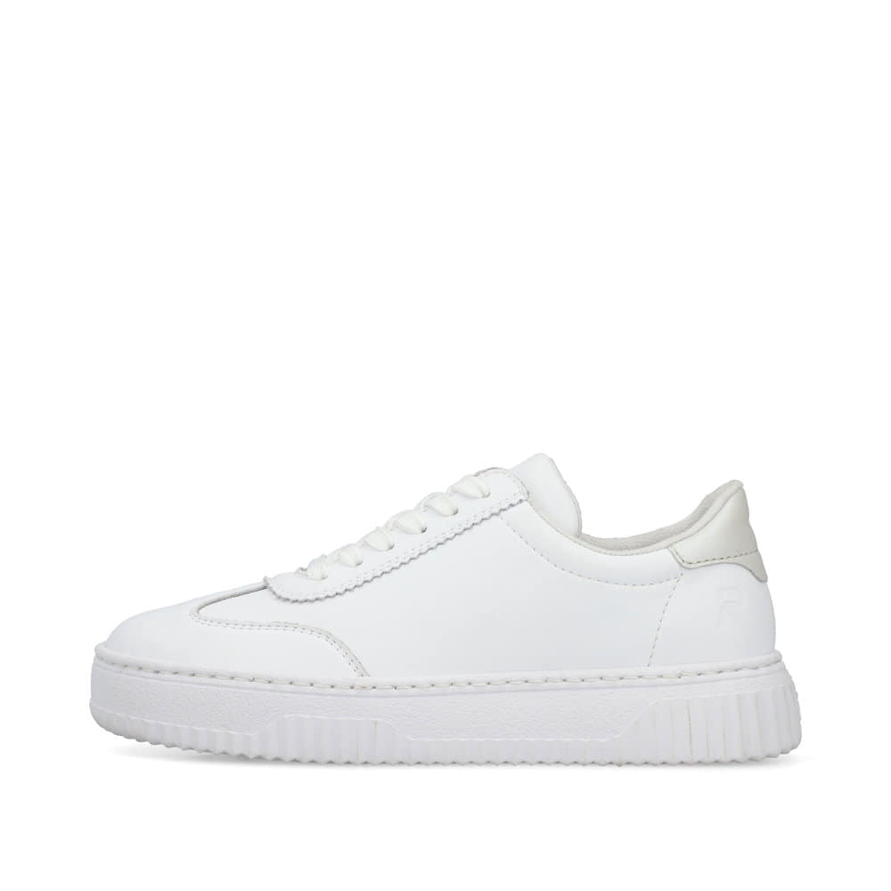 Baskets basses Rieker blanches femme N9910-80 en cuir lisse avec lacets. Côté extérieur de la chaussure.