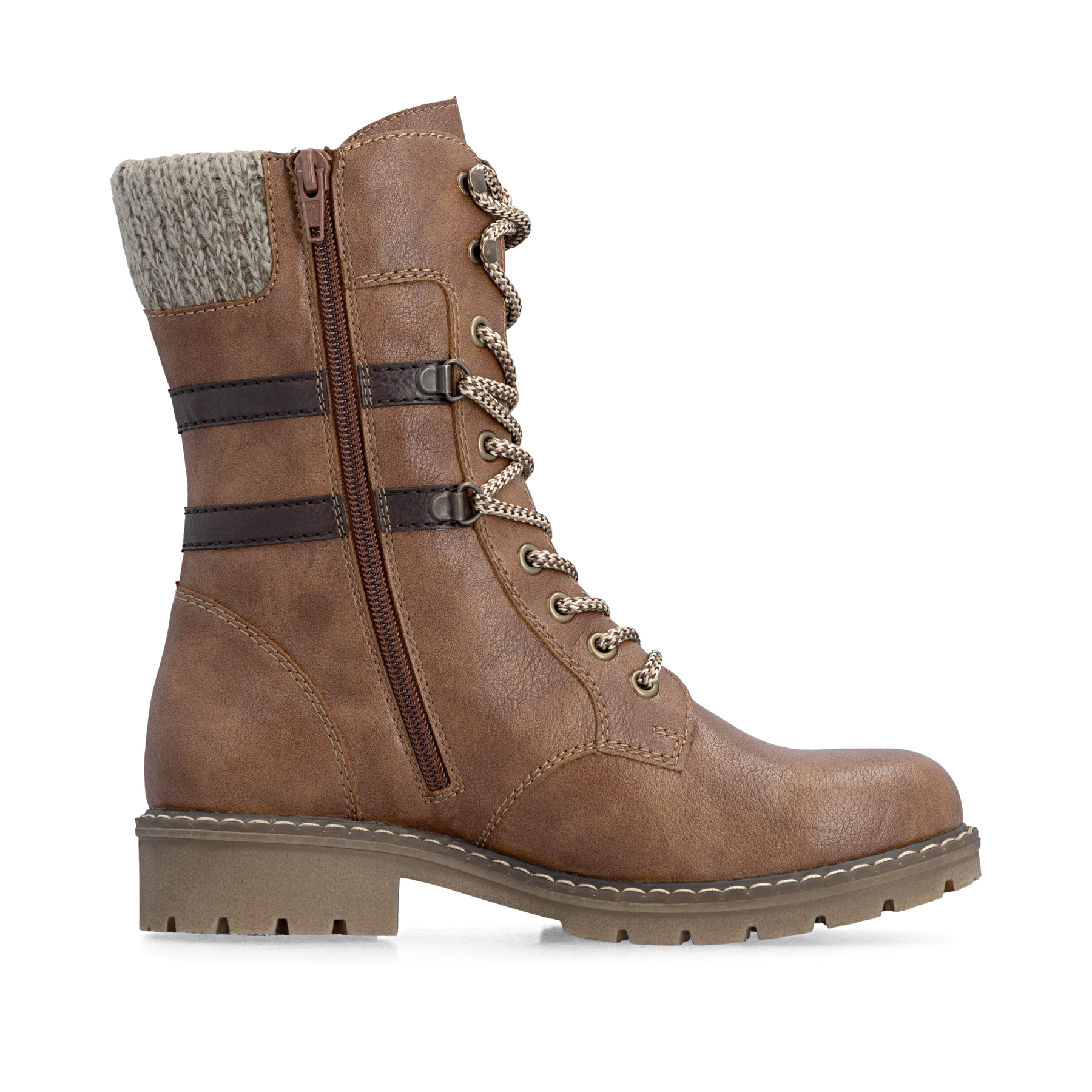 Zimtfarbene Rieker Damen Schnürstiefel Y9107-24 mit Strick-Kragen. Schuh Innenseite.