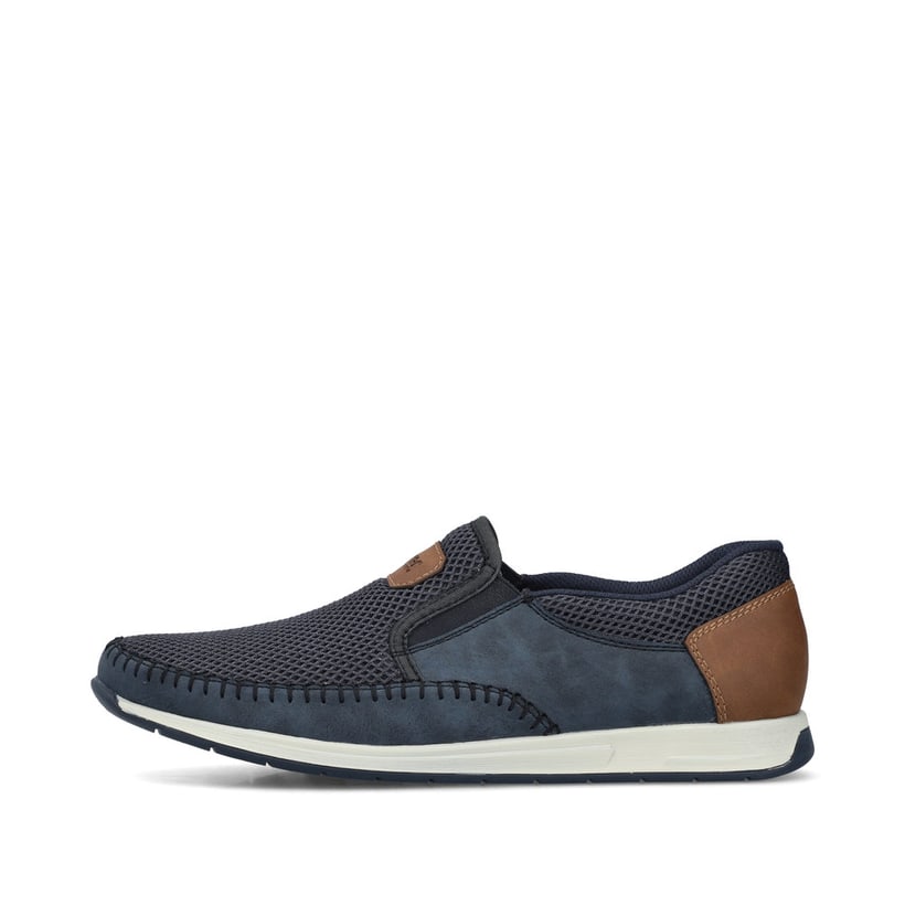 Chaussons Rieker bleus pour homme 11954-14 avec bande élastique. Côté extérieur de la chaussure.