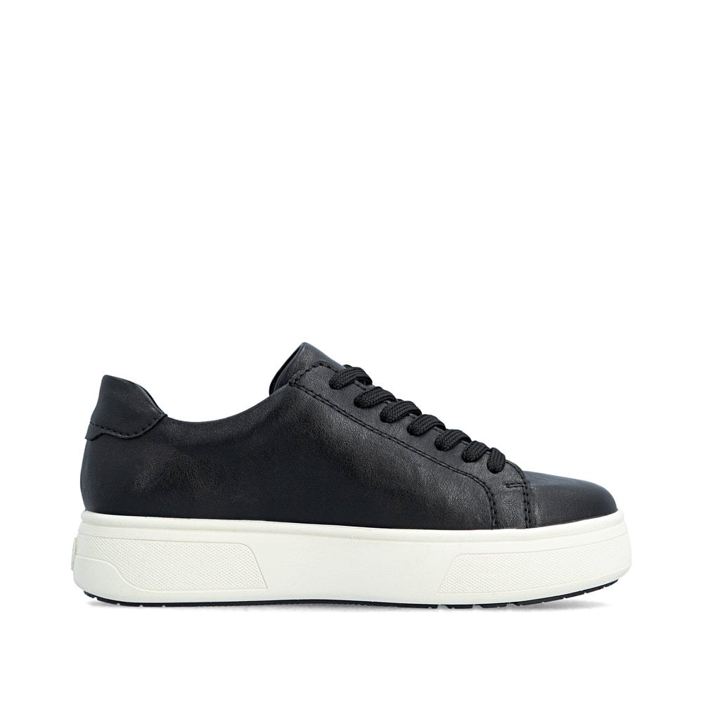 Baskets basses Rieker noires pour femme M7701-00 avec fermeture éclair. Intérieur de la chaussure.