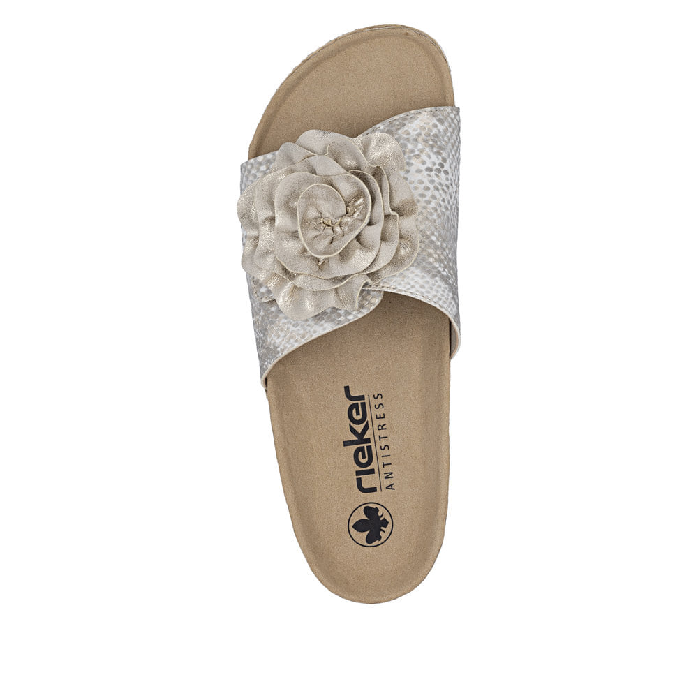 Mules Rieker dorées pour femme 69562-90 avec fleur décorative. Chaussure vue de dessus.