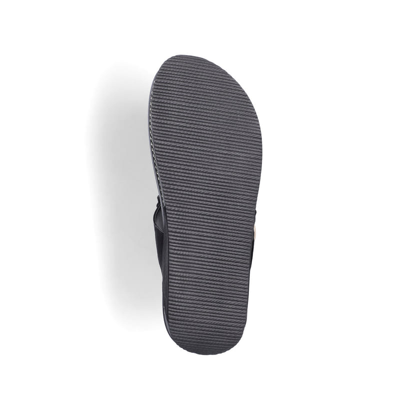 Schwarze vegane Rieker Damen Zehentrenner V1466-00 mit dekorativer Blume. Schuh Laufsohle.