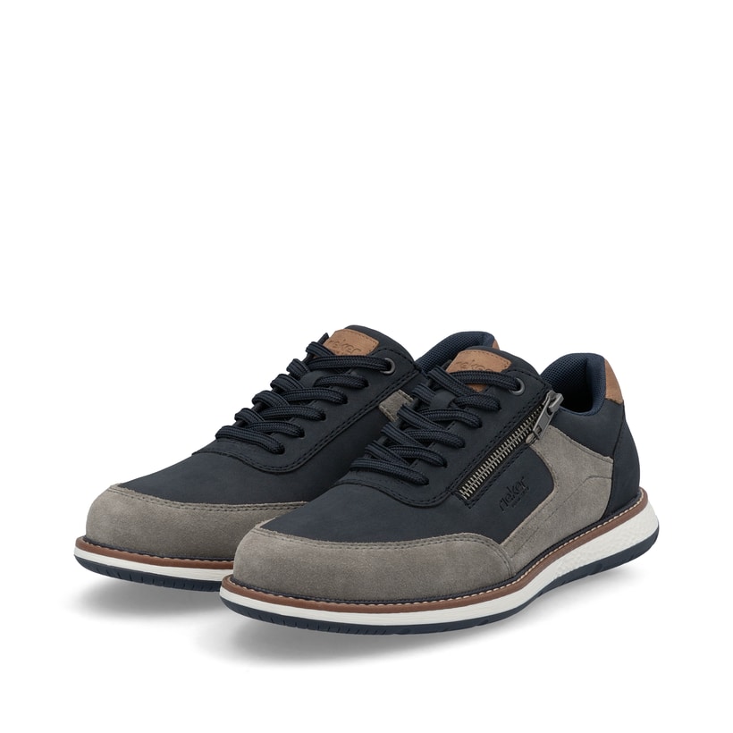 Blaue Rieker Herren Schnürschuhe 04401-14 mit einem Reißverschluss. Schuhpaar seitlich schräg.
