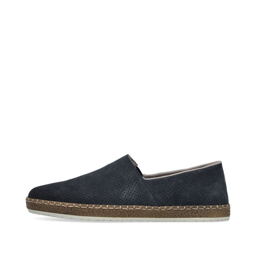 Blaue Rieker Herren Slipper B5285-14 mit einem Gummizug sowie Komfortweite G 1/2. Schuh Außenseite.
